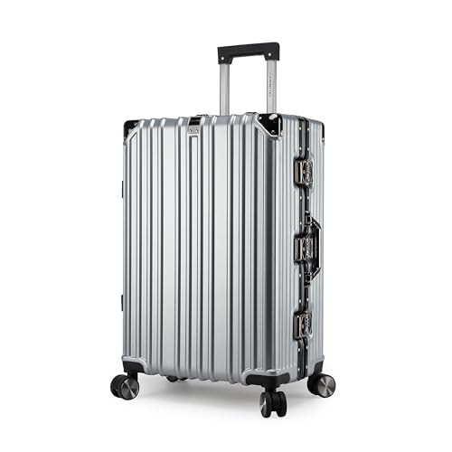 Cabin Pro Light Weight Aluminum Frame Fashion Trolley Luggage Polycarbonate Hard Case Checked Luggage with 4 Quite 360° Double wheels, CP001 (Checked Luggage 24-Inch, Silver)