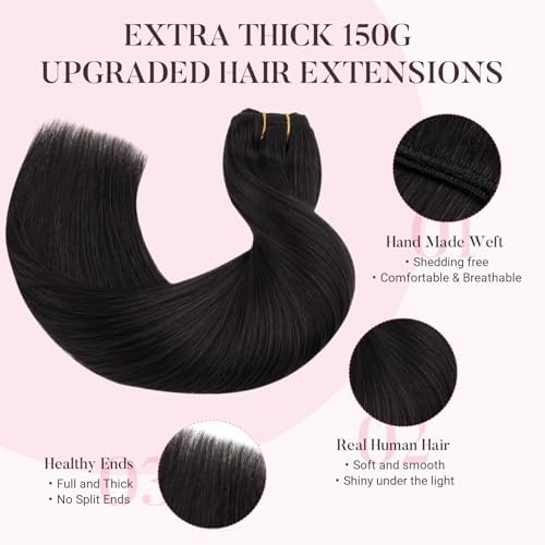MAXITA Clip in Hair Extensions Real Human Hair, Remy Human Hair Clip in Extensions for Women, Natural Human Hair, 22 inch 150g 9Pcs, Natural Black