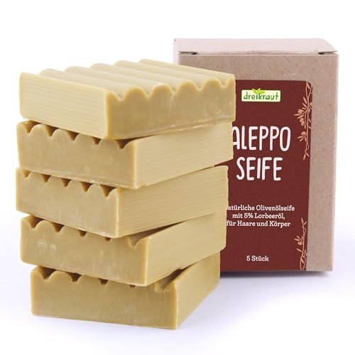 Aleppo-Seife, Set mit 5 Stücken, ideal als Gästeseife oder Kinderseife, Olivenöl-Seife mit 5% Lorbeâ€¦ – Miniatur