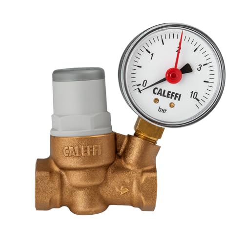 CALEFFI Mikro-Schrägsitz-Druckminderer 3/8" Zoll bis 80°C, Druckregelbereich ausgangsseitig 0,8 bis 4 bar (Mit Manometer)