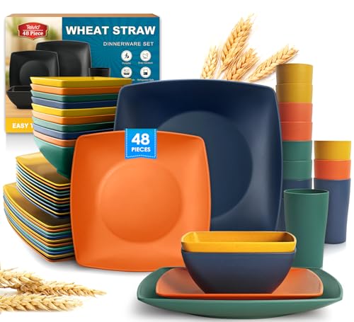 Teivio 48-piece Kitchen Plastic Wheat Straw Square Dinnerware Set for 12, Unbreakable Dinner Plates, Salad Plates, Snack Bowls, Cup 13.5 oz, Dishwasher Safe Dinning RV Essentials, Autumn Multicolor by Teivio - Used condition - US$32.00