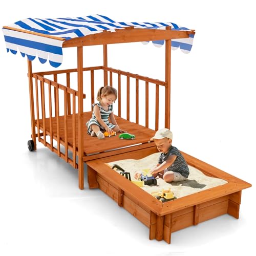 INFANS 3 in 1 Kids Sandbox with Canopy and Cover Rear Wheels Guardrails, Wooden Cedar Cabana Sandbox Playhouse for Outdoor Beach Backyard Lawn Garden Play Children Playset Home Sandpit