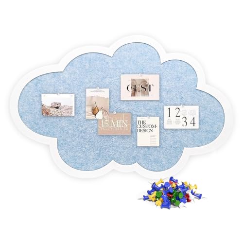 Image of Cute Cloud Felt Bulletin Board for Wall, Self-Adhesive Pin Board with 30 Pushpins, Message Display Board for Notes Photos Office Home Decor (Blue)