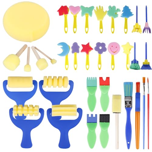 34 Stück Schwamm Pinsel Set, Schwamm Malerei PinselSet, Kinder Malwerkzeuge, Schwämme Schaumstoff Pinsel Früherziehung Zeichnung Werkzeuge DIY Kunsthandwerk Zeichenwerkzeuge