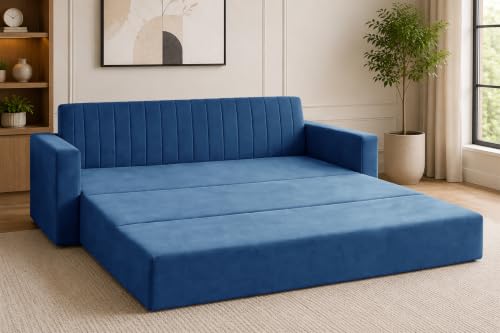 Image of 3-Seater Velvet Sofa Cum Bed with Armrests | Modern Convertible Sleeper Couch | Stylish Sofa Bed for Living Room, Bedroom & Office | Blue