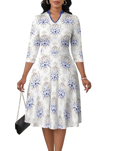 Image of PinkPatty Women's Casual A-line Midi Dresses 3 /4 Sleeve V Neck Fit and Flare Dress with Pockets