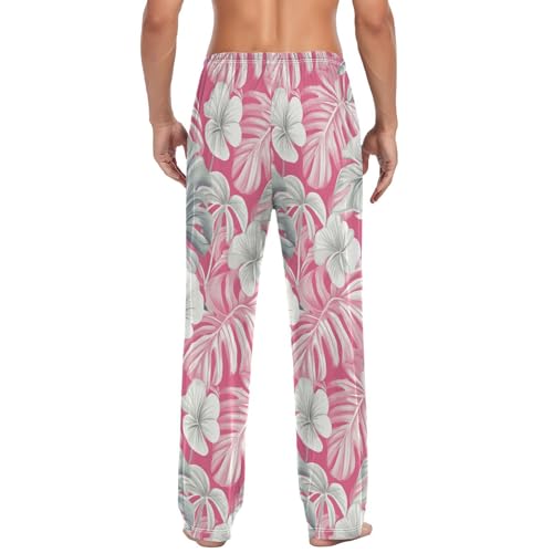Mens Pajama Pants Tropical Palm Leaves Flowers Pink Soft Lounge Sleep Pj Bottoms with Drawstring Pockets3