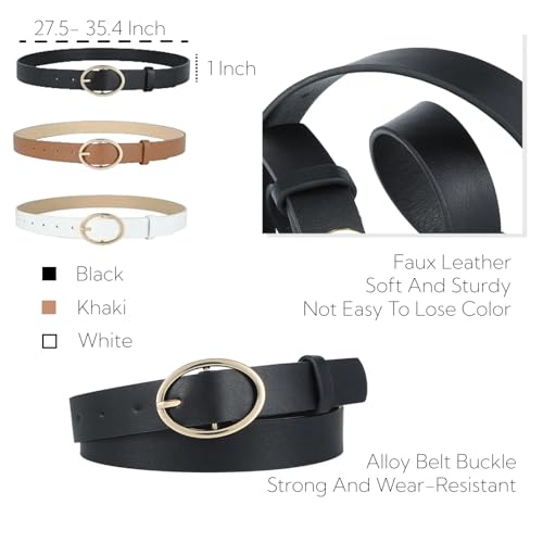 B-LT2 3 Pack Women's Leather Waist Belt with Gold Buckle for Jeans Dress Fashion Ladies Belt Black White Brown3