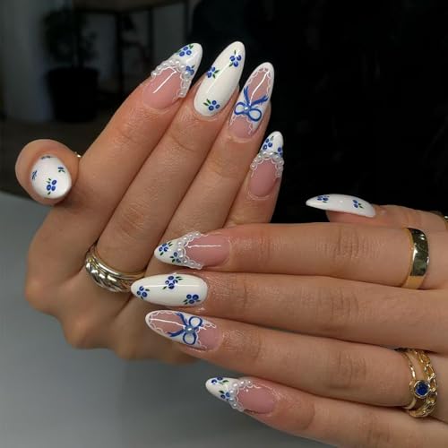 Image of White Press on Nails Medium Almond fake Nails with Bow Design Blueberry Glue on Nails Spring Reusable Artificial Acrylic Full Cover Stick on Nails Pearl French Tip False Nail for Women Manicure 24Pcs