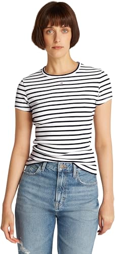 Tommy Jeans Donna T-Shirt Maniche Corte Essential Rib Slim Fit, Multicolore (Dark Night Navy/Stripe), XL