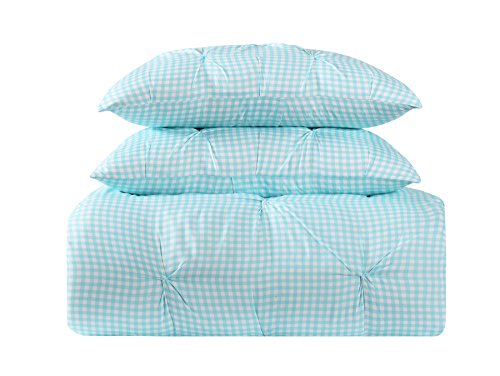 Image of Laura Hart Kids Printed Gingham Pinch Pleat Comforter Set, Twin X-Large, White /Aqua