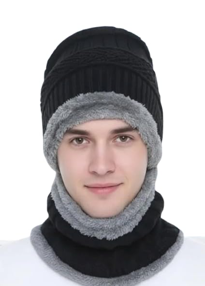 Woolen Winter Cap & Neck Warmer Set for Men & Women | Fleece Lined Beanie Hat & Muffler Combo | Warm Stretchable Thermal Snow Cap for Outdoor Use-image-49