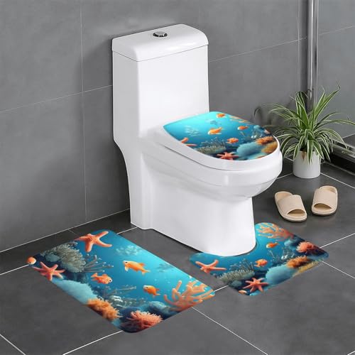 Tapis de salle de bain Coral Fish antidérapant lot de 3 pour WC et coiffeuse motif poisson - 2