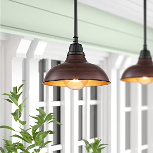 Image of JONATHAN Y Jasper 1-Light Farmhouse 12.25 inch Metal Pendant, Wood Finish /Black | Indoor Outdoor Use, Rustic Vintage Dome Shade, Adjustable Height, Kitchen Island Porch Entryway, LED Bulb Included