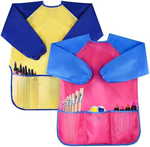 Bassion 2 Pack Kids Art Smocks Toddler Smock Waterproof Artist Painting Aprons Long Sleeve with 3 Pockets for Age 2-6 Years(yellow pink)