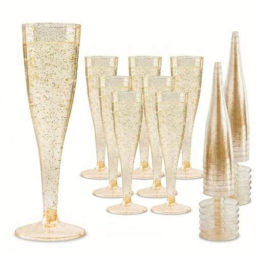 Oojami 30 Pack Gold Glitter Disposable Champagne Flutes, 4.5 oz BPA-Free Shatterproof Plastic...