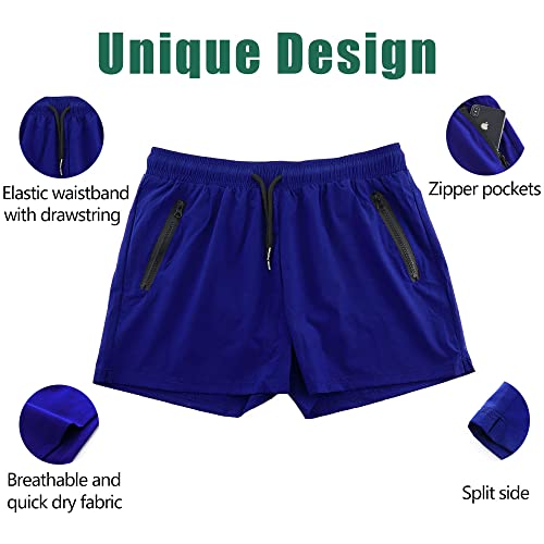 Rexcyril Men's Athletic Gym Workout Shorts 3 Inch Quick Dry Running Bodybuilding Short Shorts With Liner And Zipper Pockets, Blue, X-Large #TOP5