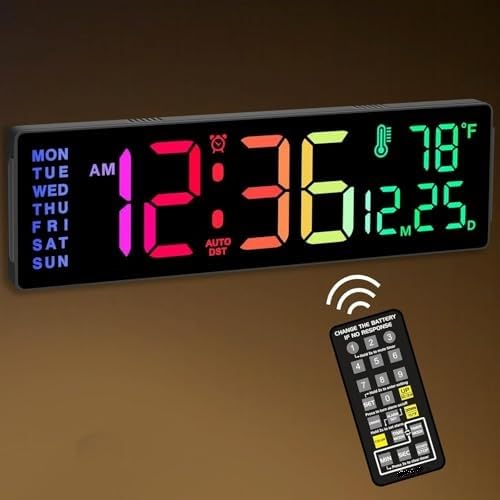 S SMITEX Plastic Digital Wall Clock Large Display, 16″ with Remote Control for Living Room Gym Shop Warehouse Office Garage Decor, Auto Brightness Dimmer with Date Week Temp (Rainbow), Black