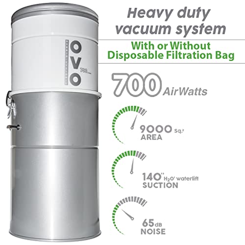 Ovo Airwatts Heavy Duty Powerful Central Vacuum System, Hybrid Filtration (With Or Without Disposable Bags) 35L Or 9.25Gal, 700 Air Watts With 35Ft Premium Deluxe Plus Accessory Kit Included, White #TOP1