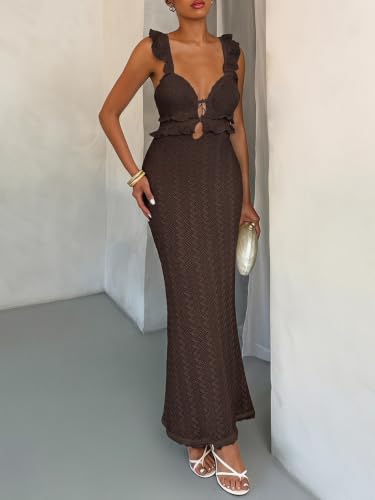 Image of SOLY HUX Women's Maxi Dress Crochet Ruffle Sleeveless Backless Bodycon Long Dresses