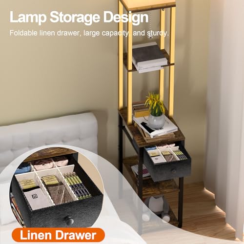 Image of Lightdot Floor Lamp with Shelves&Drawer, Black and Gold Sofa Lamp with Fabric Shade, Display Corner Floor Lamp with Storage Table for Living Room /Bedroom /Sofa Beside /Corner Decor(Bulb Include)