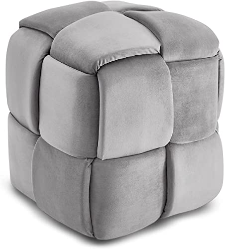 Vesgantti Pouf Ottoman en Velours Repose-Pieds Salon Tressé Tabouret Carrée de Maquillage Décorative Moderne 43 x 43 x 46 cm Charge Max 140 kg - Gris Cover