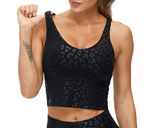 The Gym People Womens Leopard Longline Sports Bra Wirefree Padded Medium Support Yoga Bras Gym Running Workout Tank Tops (Black Leopard, Medium) #TOP2