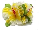 Hawaii Luau Party Artificial Fabric Double Large Hibiscus Hair Clips White with Yellow Edge
