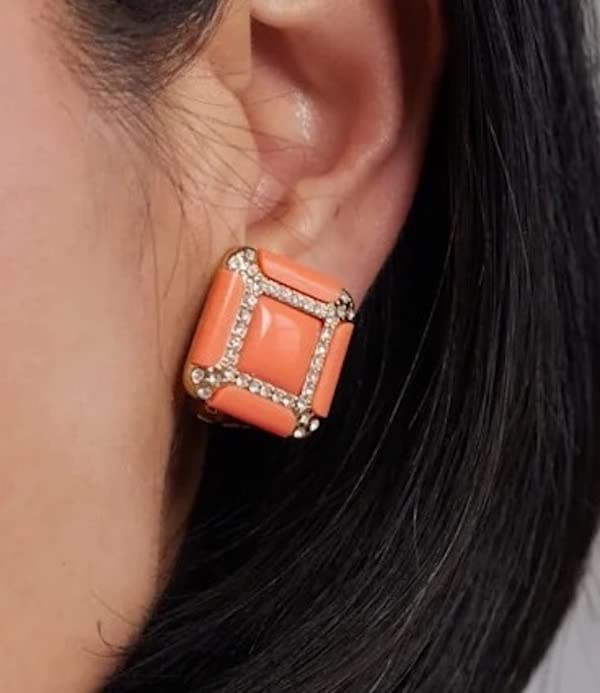 KENNETH JAY LANE, GOLD AND RHINESTONE TURQUOISE, CORAL, OR WHITE SQUARE CLIP EARRINGS3