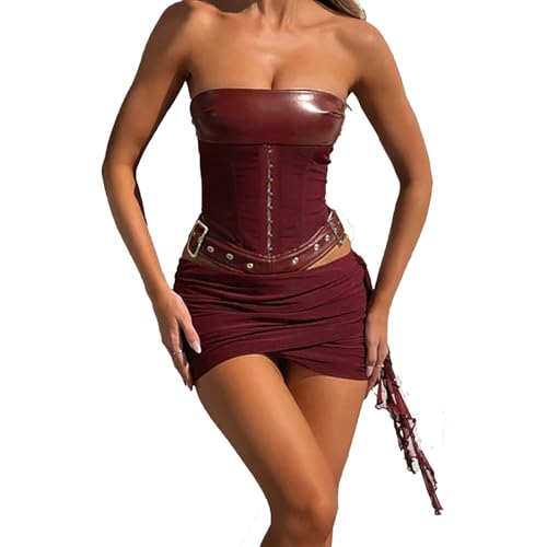 Mandonce Vacation Outfits for Women Sleeveless Off The Shoulder Sheath Bustier Tied Waistband Top and High Waisted Mini Skirt