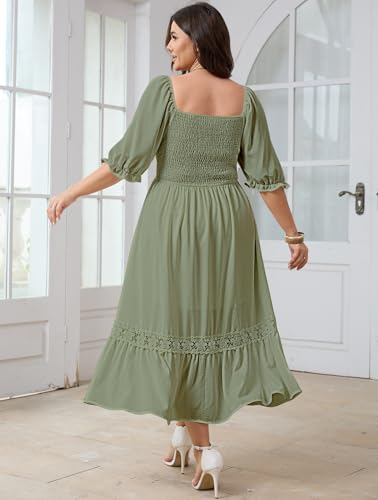 Image of SCOMCHIC Women's Plus Size Boho Maxi Dress Short Sleeve Square Neck Smocked Flowy A-Line Lace Trim Wedding Guest Dresses