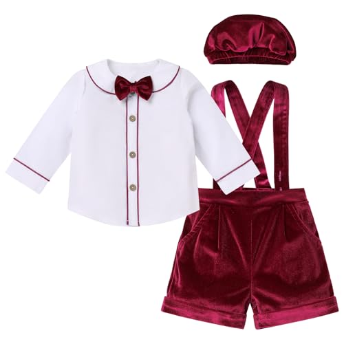 IDOPIP Baby Boys Velvet Formal Suit Toddler Gentleman Outfit Long Sleeve Shirt with Bowtie Suspender Pants Hat Winter Clothes