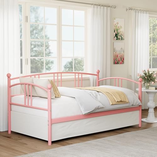 Image of Garvee Twin Daybed, Sturdy Metal Daybed with Arched Headboard and Steel Slat Support, Sofa Bed for Living Room Bedroom and Guest Room, Pink