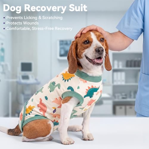 Image of cyeollo Dog Surgery Recovery Suit, Soft Dog Onesie, E-Collar & Cone Alternative, Male Female Dog Spay Neuter Body Suits, Anti-Licking Wound Surgical Suit, Pet Clothes for Medium Dogs, Dinosaur L