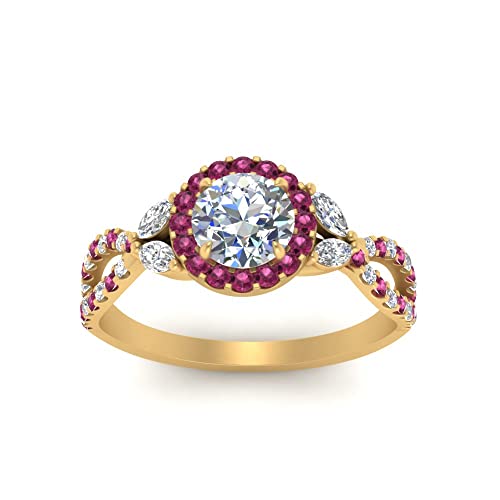 Image of Choose Your Gemstone Floral Split Shank Halo Engagement Ring Yellow Gold Plated Round Shape Split Shank Engagement Ring Lightweight Office Wear Everyday Gift Jewelry US Size 4 to 12