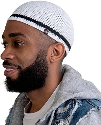 Skull Caps for Men Handmade Knit Cap with Breathable & Cooling  Bamboo Cotton | Helmet Liner Sleep Cap Kufi Hats White W/Black