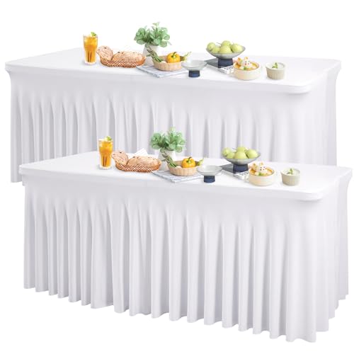 Wish Care 2 Pack White Spandex Table Clothes for 4 Foot Rectangle Tables, 4FT Wrinkle Free Fitted Tablecloths Ruffles Design Table Cover for Party, Banquet, Wedding and Events