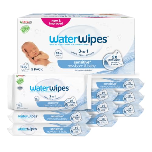 WaterWipes Sensitive+ Newborn & Baby Wipes, 99.9% Water, Unscented, 9 Pack