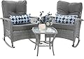 VONZOY Patio Furniture Set 3 Pieces, Wicker Outdoor Rocking Bistro Set with Thick Cushions, Outdoor Rocker Chairs and Coffee Table for Porch, Backyard or Garden (Grey)