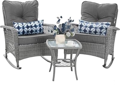 VONZOY Patio Furniture Set 3 Pieces, Wicker Outdoor Rocking Bistro Set with Thick Cushions, Outdoor Rocker Chairs and Coffee Table for Porch, Backyard or Garden (Grey)