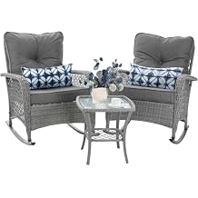Patio Furniture Set 3 Pieces, Wicker Outdoor Rocking Bistro Set with Thick Cushions, Outdoor Rocker Chairs and Coffee Table for Porch, Backyard or Garden Grey