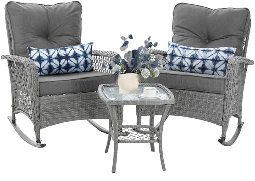 Patio Furniture Set 3 Pieces, Wicker Outdoor Rocking Bistro Set, Grey