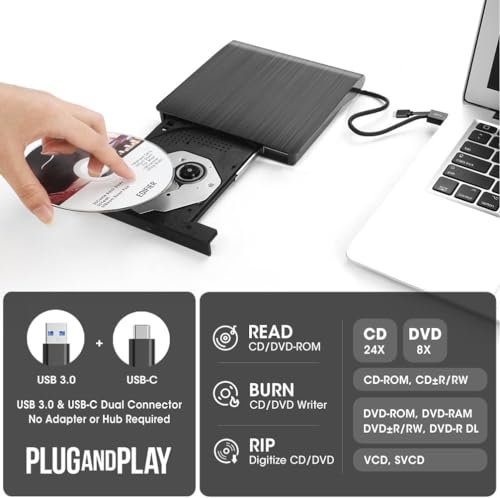 Image of Wefly External USB 3.0 Portable CD DVD + /-RW Drive Burner Slim DVD /CD ROM Rewriter Player Superdrive, High Speed Data Transfer for Laptop Desktop Mac /Book PC, Plug and Play