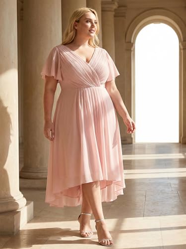 Image of Ever-Pretty Plus Summer Short Sleeves V-Neck Formal Wedding Guest Dresses for Curvy Women Chiffon Midi Cocktail Party Dress