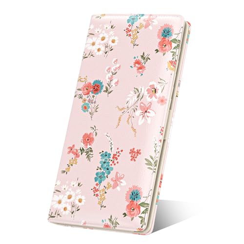 Image of Nipichsha Womens Wallet, RFID Slim Wallets for Women, Thin Ladies Credit Card Holder Purse, Cute Leather Bifold Clutch Billfold with 11 Card Slots & ID Window, Pink Flowers