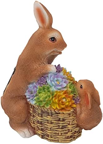 GloBrite Outdoor Rabbits with Flower Basket Statue | Garden Ornaments outdoor | Waterproof Resin Sculpture with Solar Light, Animal Figurine for Yard Lawn Home Decoration Gift | |Grave Decorations