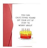 JOOLOKT Funny Birthday Greeting Card with Red Envelope – Humorous “Dying Young” Quote – Birthday Cake Themed Card for Friends & Family
