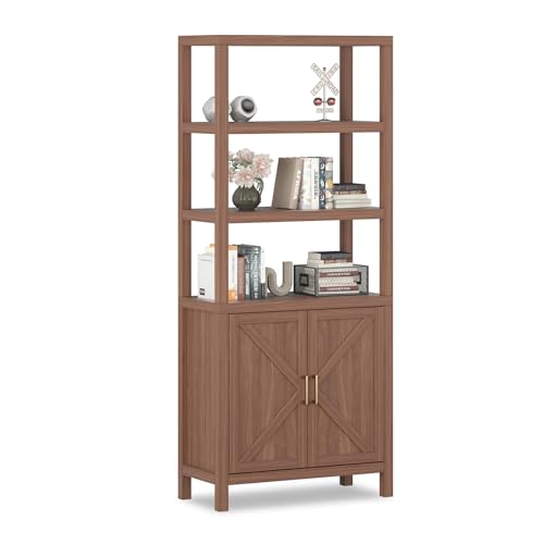 GarveeHome Bookshelf Bookcase, 5 Tier Wooden Bookshelf with Doors Cabinet, 71 in Tall Bookcase with Adjustable Shelves, Farmhouse Bookshelves Library