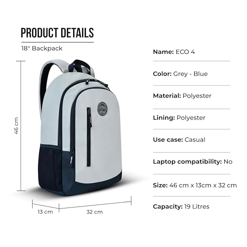 Image of Gear Eco 4 18 inch /19L Medium Water Resistant Daypack | Casual Backpack | Travel Backpack for Men /Women (Grey - Blue)