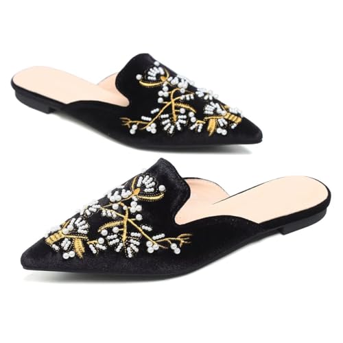 LUXINYU Women's Chinese Floral Embroidery Pointed-Toe Flats Comfortable Suede Casual Mules House Slippers Shoes3